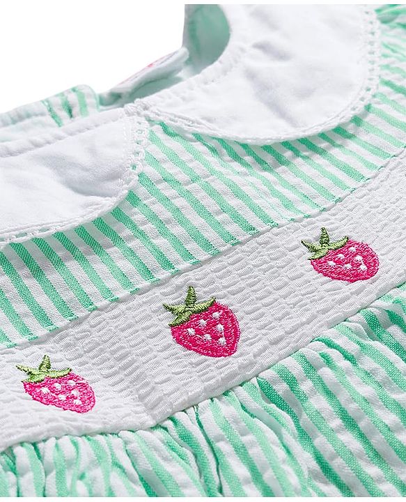 Babyhug Cotton Woven Half Sleeves Peter Pan Collar Frock with Strawberry Embroidery - Sea Green
