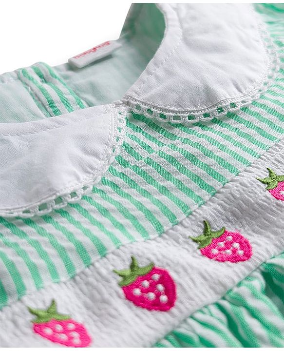 Babyhug Cotton Woven Half Sleeves Peter Pan Collar Frock with Strawberry Embroidery - Sea Green