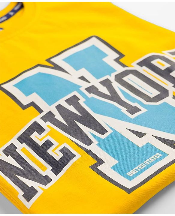 Pine Kids Cotton Knit Half Sleeves T-Shirt With New York Print - Yellow