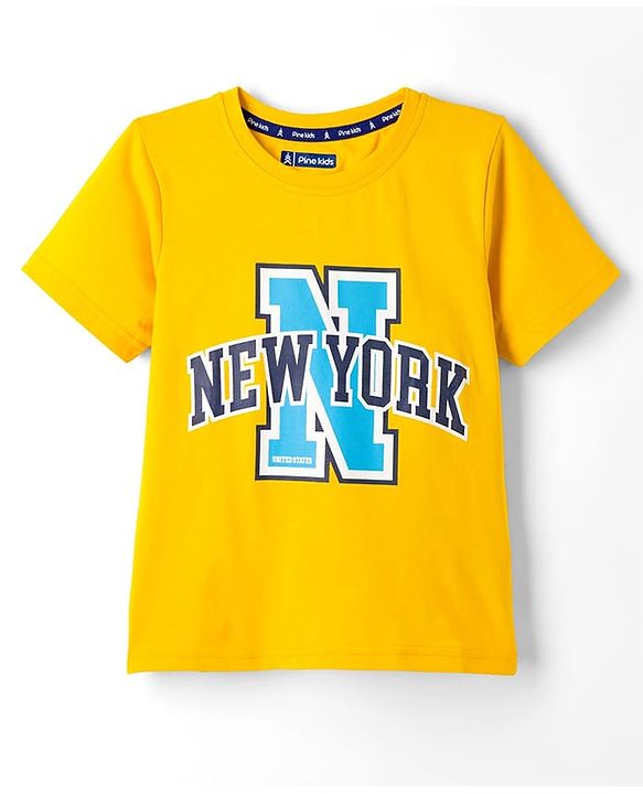 Pine Kids Cotton Knit Half Sleeves T-Shirt With New York Print - Yellow