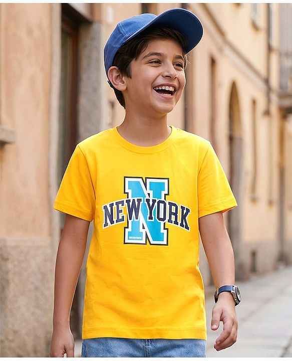 Pine Kids Cotton Knit Half Sleeves T-Shirt With New York Print - Yellow