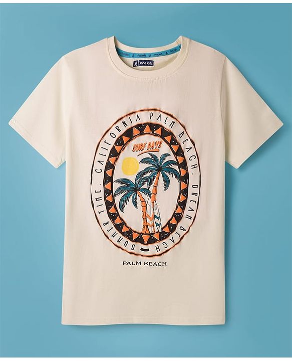 Pine Kids Cotton Knit Half Sleeves T-Shirt With Surfing Print - White