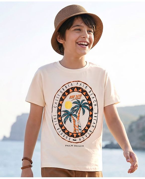 Pine Kids Cotton Knit Half Sleeves T-Shirt With Surfing Print - White