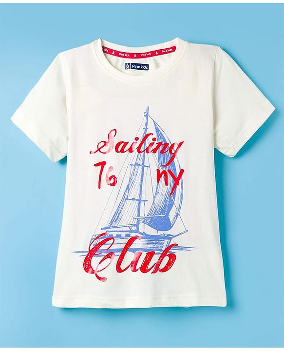 Pine Kids Cotton Knit Half Sleeves T-Shirt With Boat Print - White