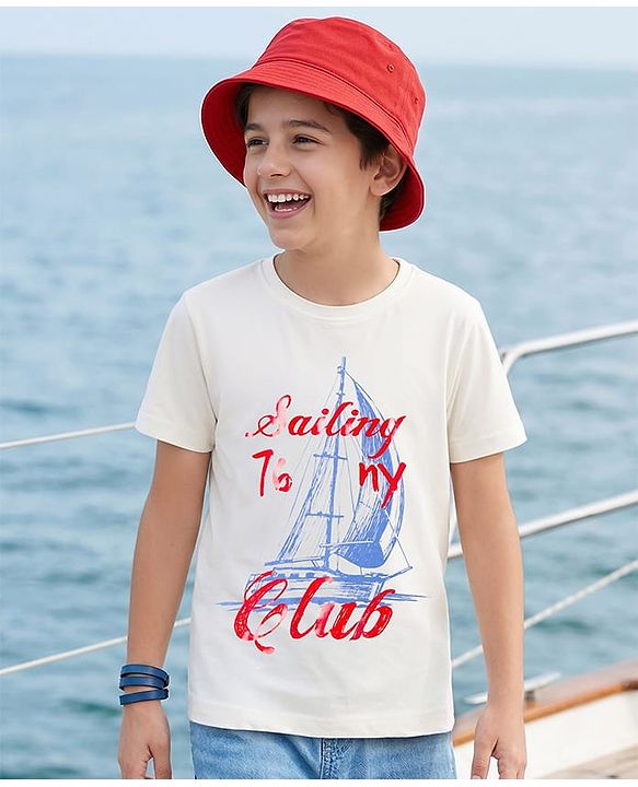 Pine Kids Cotton Knit Half Sleeves T-Shirt With Boat Print - White