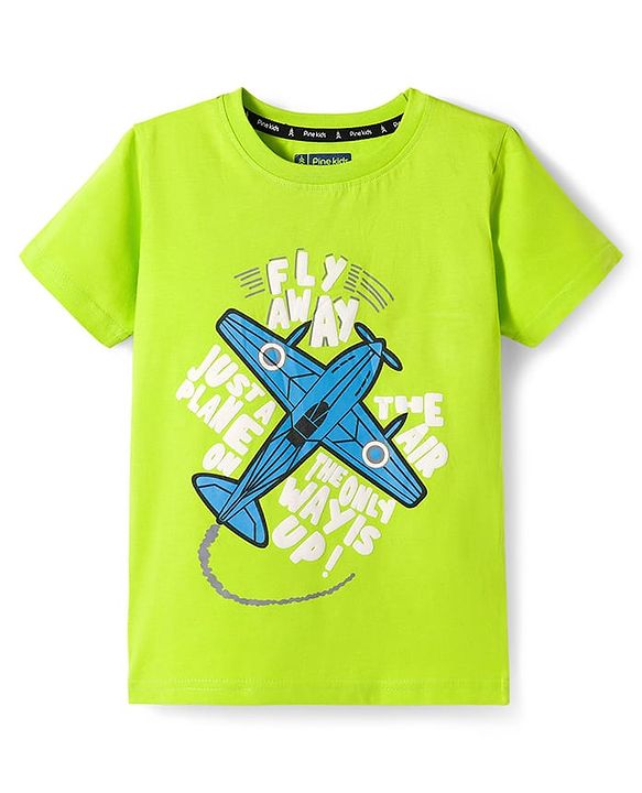 Pine Kids 100% Cotton Knit Half Sleeves Aeroplane Printed T-Shirt - Lime Green
