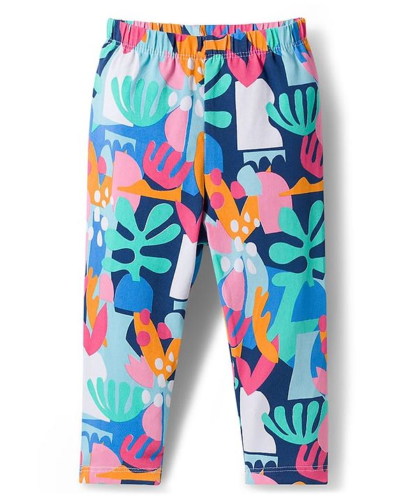 Babyhug Cotton Lycra Knit Full Length Plant & Polka Dot Printed Leggings Pack of 3 - Orange Pink & Navy Blue