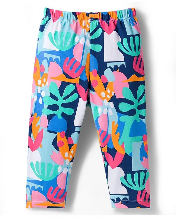 Babyhug Cotton Lycra Knit Full Length Plant & Polka Dot Printed Leggings Pack of 3 - Orange Pink & Navy Blue