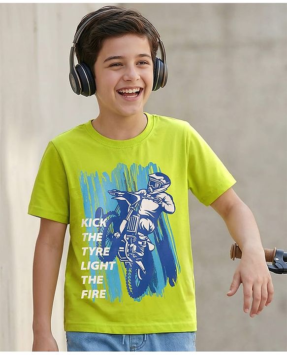 Pine Kids 100% Cotton Knit Half Sleeves Bike Printed T-Shirt - Lime Green