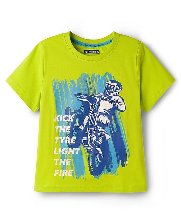 Pine Kids 100% Cotton Knit Half Sleeves Bike Printed T-Shirt - Lime Green