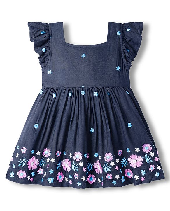 Babyhug Cotton Woven Frill Sleeves Frock With Floral Embroidery - Navy Blue