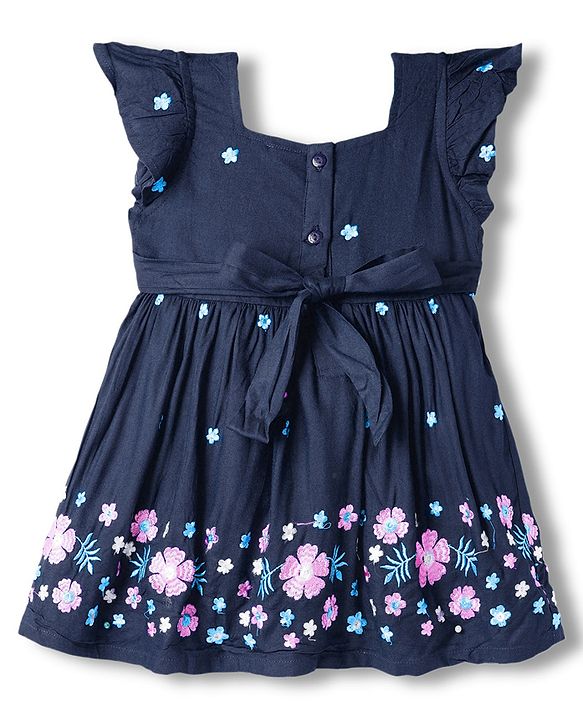 Babyhug Cotton Woven Frill Sleeves Frock With Floral Embroidery - Navy Blue