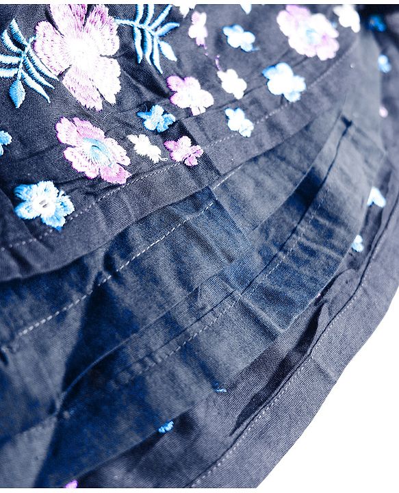 Babyhug Cotton Woven Frill Sleeves Frock With Floral Embroidery - Navy Blue