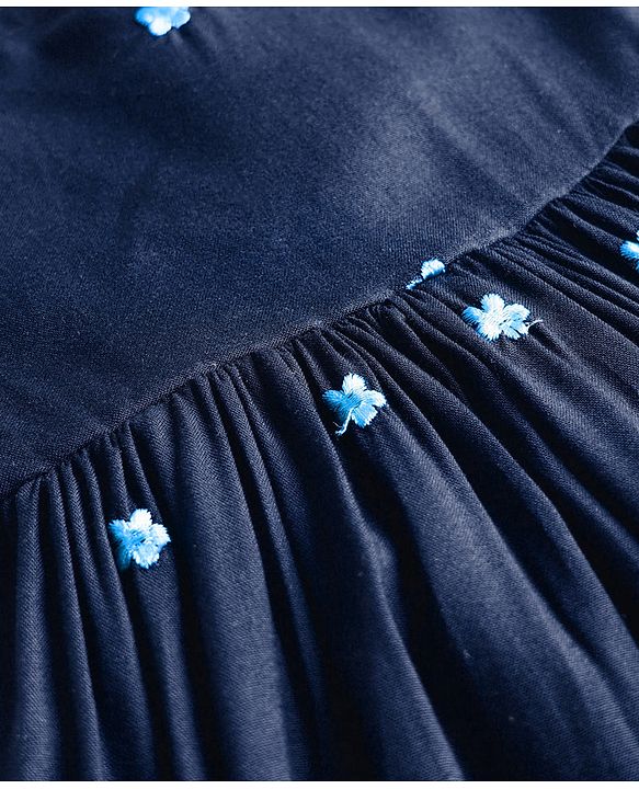 Babyhug Cotton Woven Frill Sleeves Frock With Floral Embroidery - Navy Blue