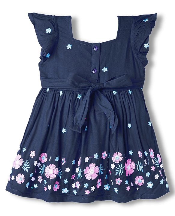 Babyhug Cotton Woven Frill Sleeves Frock With Floral Embroidery - Navy Blue