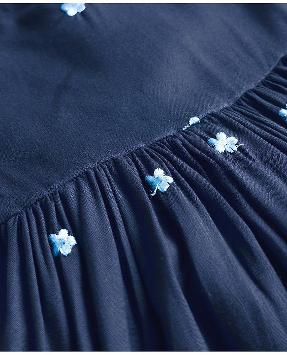 Babyhug Cotton Woven Frill Sleeves Frock With Floral Embroidery - Navy Blue