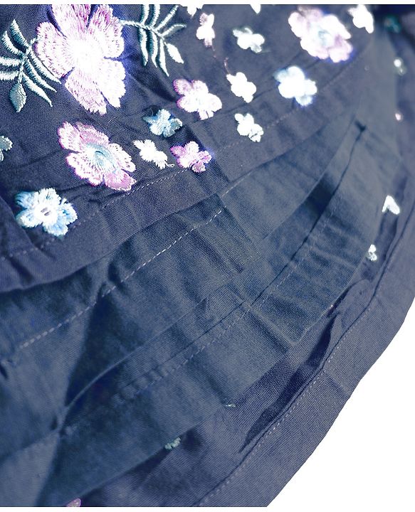 Babyhug Cotton Woven Frill Sleeves Frock With Floral Embroidery - Navy Blue