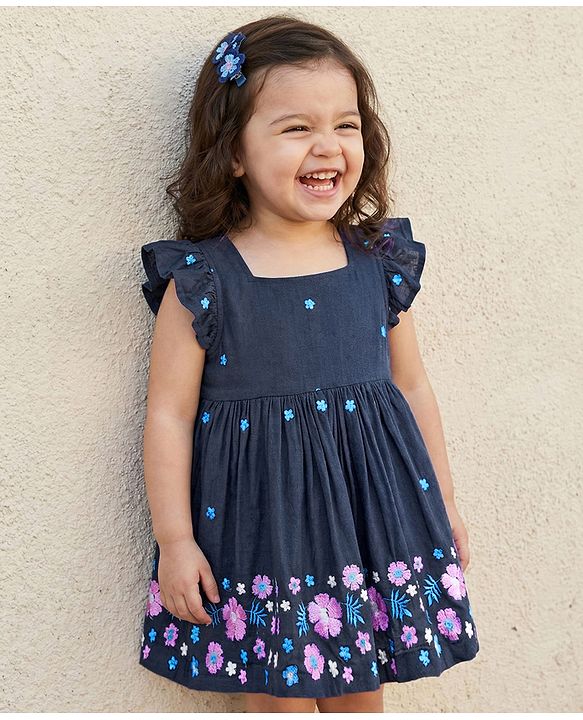Babyhug Cotton Woven Frill Sleeves Frock With Floral Embroidery - Navy Blue