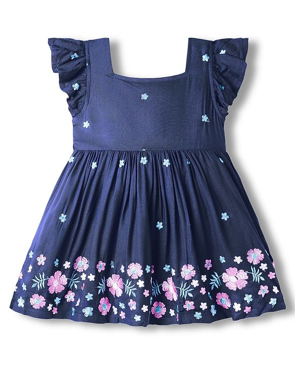 Babyhug Cotton Woven Frill Sleeves Frock With Floral Embroidery - Navy Blue