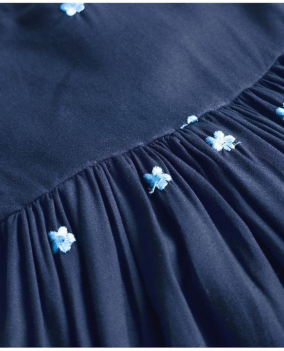 Babyhug Cotton Woven Frill Sleeves Frock With Floral Embroidery - Navy Blue