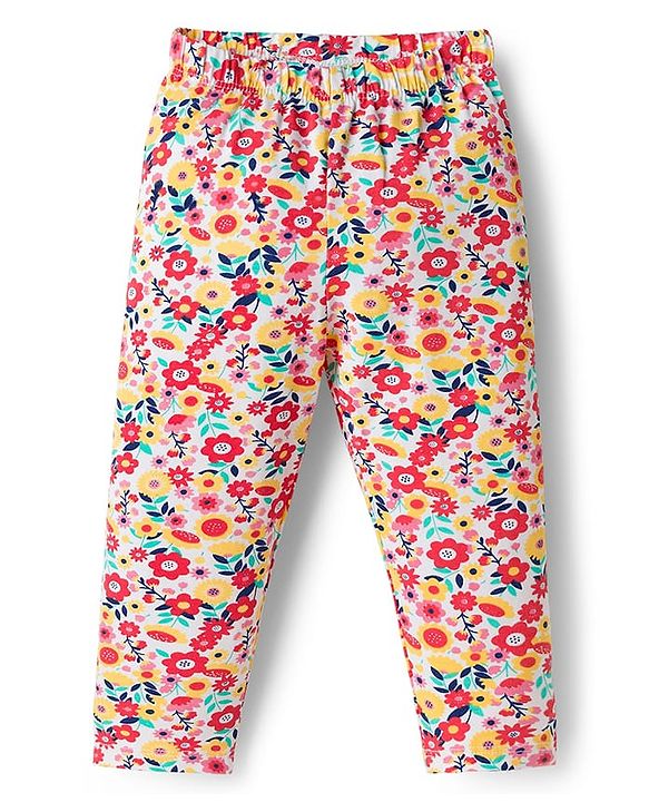 Babyhug Cotton Lycra Knit Full Length Leggings With Floral & Polka Dot Print Pack of 3 - Multicolor
