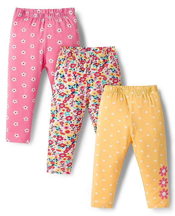 Babyhug Cotton Lycra Knit Full Length Leggings With Floral & Polka Dot Print Pack of 3 - Multicolor