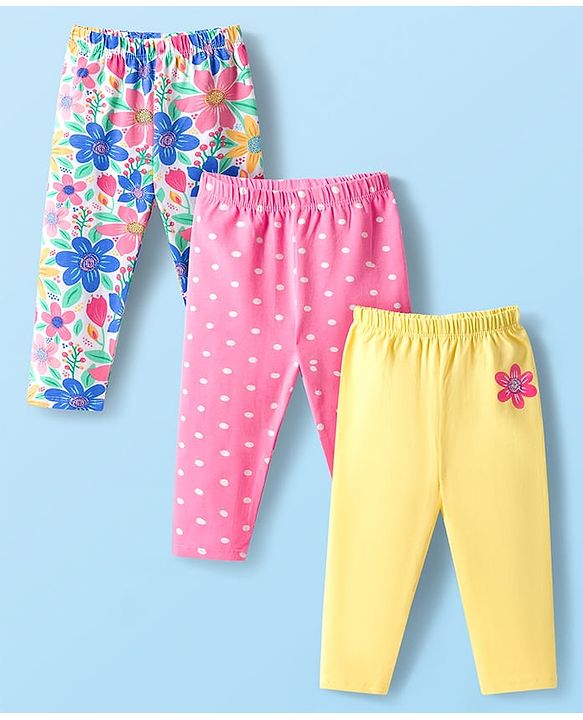 Babyhug Cotton Lycra Knit Full Length Floral & Polka Dots Printed Leggings Pack Of 3 - Multicolour