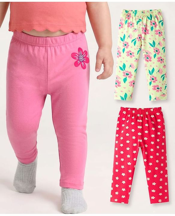Babyhug Cotton Lycra Knit Full Length Leggings With Floral Print Pack Of 3 - Pink Red & Yellow
