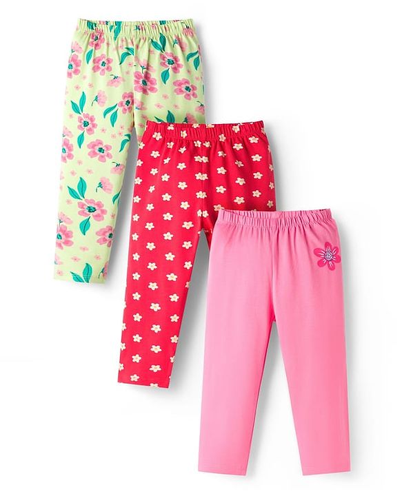 Babyhug Cotton Lycra Knit Full Length Leggings With Floral Print Pack Of 3 - Pink Red & Yellow