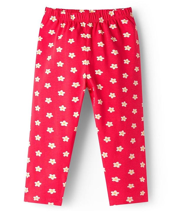 Babyhug Cotton Lycra Knit Full Length Leggings With Floral Print Pack Of 3 - Pink Red & Yellow