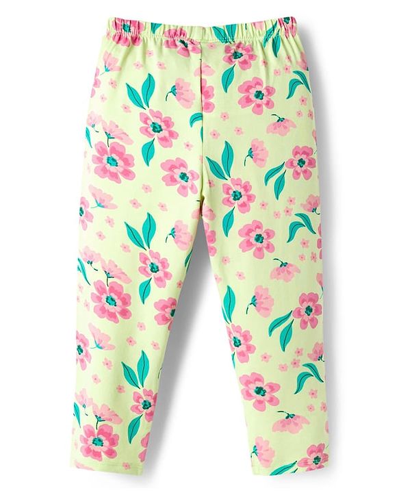 Babyhug Cotton Lycra Knit Full Length Leggings With Floral Print Pack Of 3 - Pink Red & Yellow
