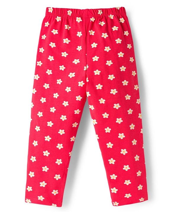 Babyhug Cotton Lycra Knit Full Length Leggings With Floral Print Pack Of 3 - Pink Red & Yellow