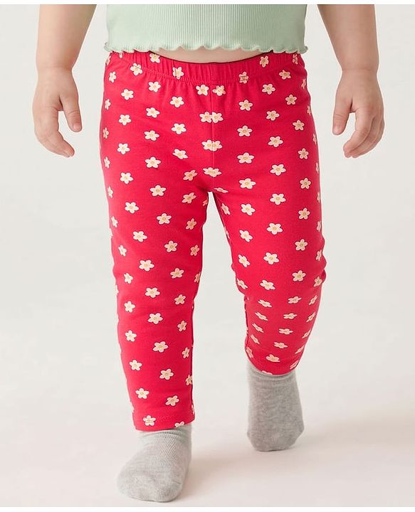 Babyhug Cotton Lycra Knit Full Length Leggings With Floral Print Pack Of 3 - Pink Red & Yellow