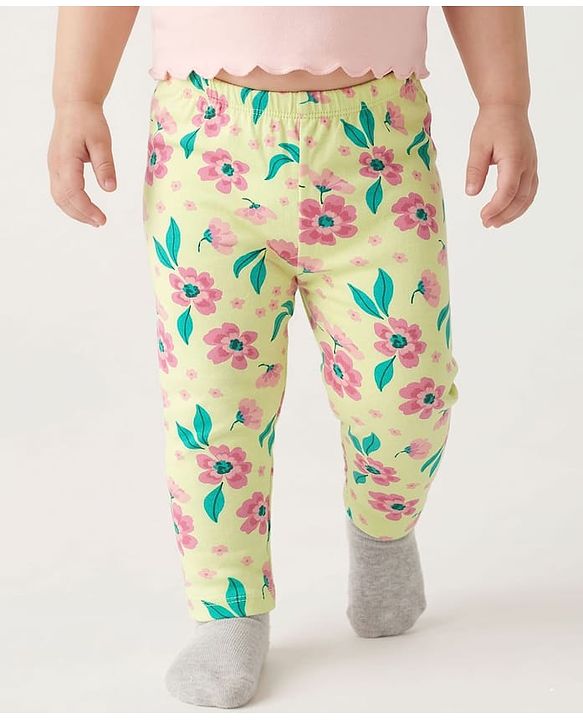 Babyhug Cotton Lycra Knit Full Length Leggings With Floral Print Pack Of 3 - Pink Red & Yellow