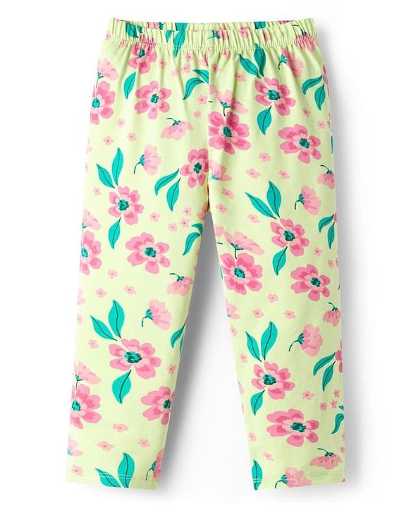 Babyhug Cotton Lycra Knit Full Length Leggings With Floral Print Pack Of 3 - Pink Red & Yellow