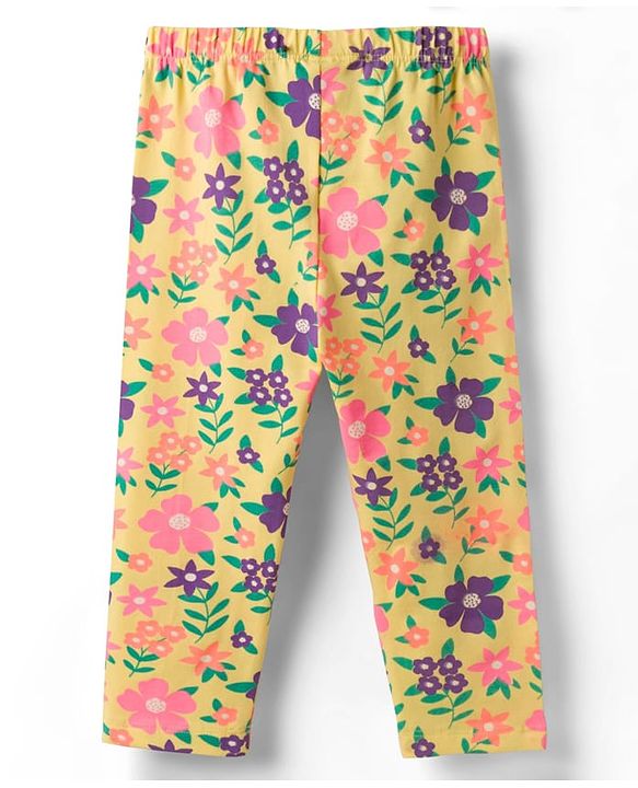 Babyhug Cotton Lycra Knit Full Length Leggings With Floral Print Pack Of 3 - Pink Navy Blue & Yellow