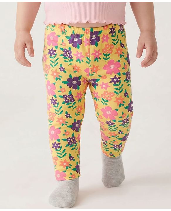 Babyhug Cotton Lycra Knit Full Length Leggings With Floral Print Pack Of 3 - Pink Navy Blue & Yellow