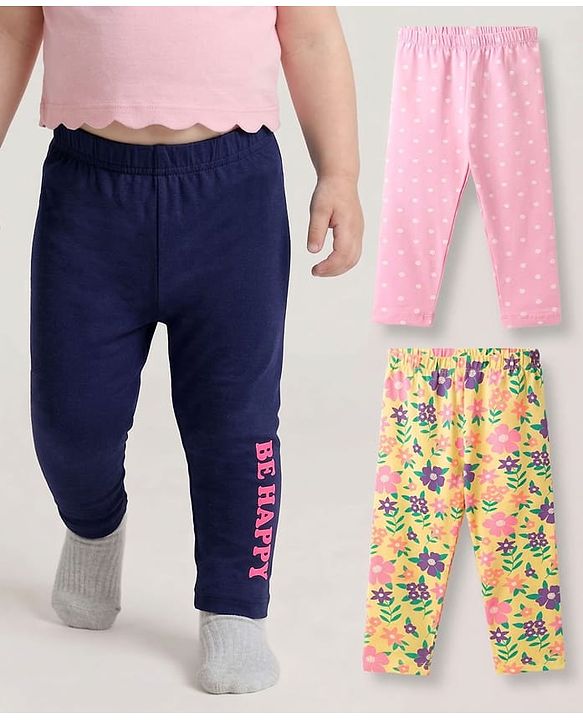 Babyhug Cotton Lycra Knit Full Length Leggings With Floral Print Pack Of 3 - Pink Navy Blue & Yellow