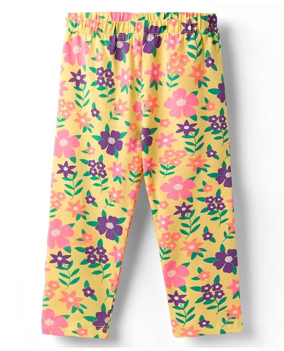 Babyhug Cotton Lycra Knit Full Length Leggings With Floral Print Pack Of 3 - Pink Navy Blue & Yellow