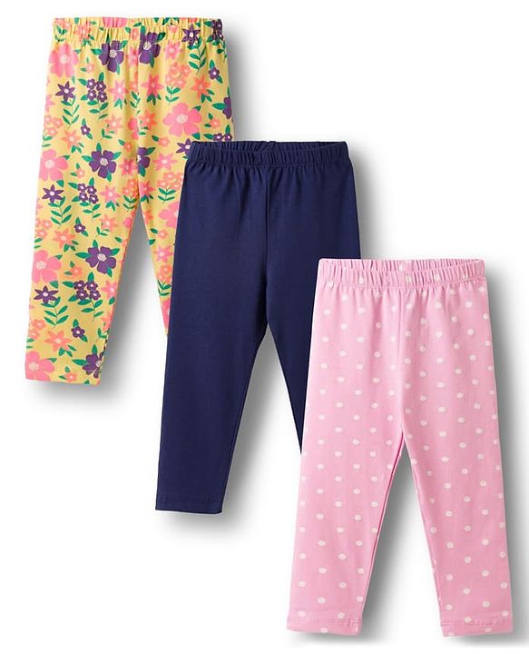 Babyhug Cotton Lycra Knit Full Length Leggings With Floral Print Pack Of 3 - Pink Navy Blue & Yellow