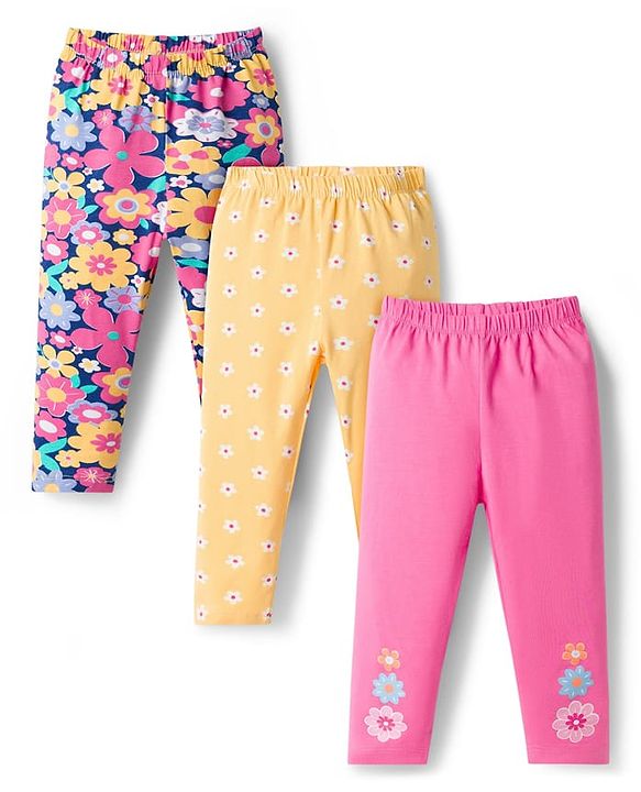 Babyhug Cotton Lycra Knit Full Length Leggings with Floral Print Pack of 3 - Light Orange Pink & Navy Blue