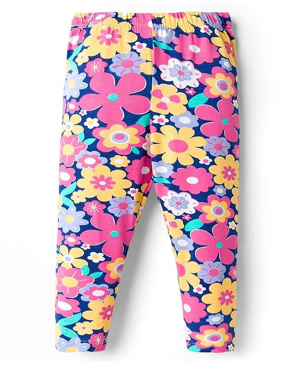 Babyhug Cotton Lycra Knit Full Length Leggings with Floral Print Pack of 3 - Light Orange Pink & Navy Blue