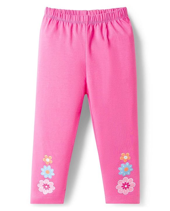 Babyhug Cotton Lycra Knit Full Length Leggings with Floral Print Pack of 3 - Light Orange Pink & Navy Blue