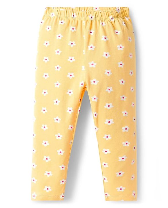Babyhug Cotton Lycra Knit Full Length Leggings with Floral Print Pack of 3 - Light Orange Pink & Navy Blue