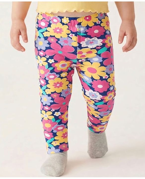 Babyhug Cotton Lycra Knit Full Length Leggings with Floral Print Pack of 3 - Light Orange Pink & Navy Blue