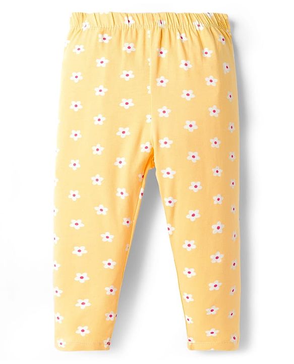 Babyhug Cotton Lycra Knit Full Length Leggings with Floral Print Pack of 3 - Light Orange Pink & Navy Blue