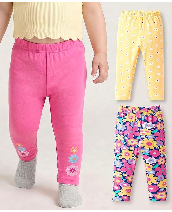 Babyhug Cotton Lycra Knit Full Length Leggings with Floral Print Pack of 3 - Light Orange Pink & Navy Blue