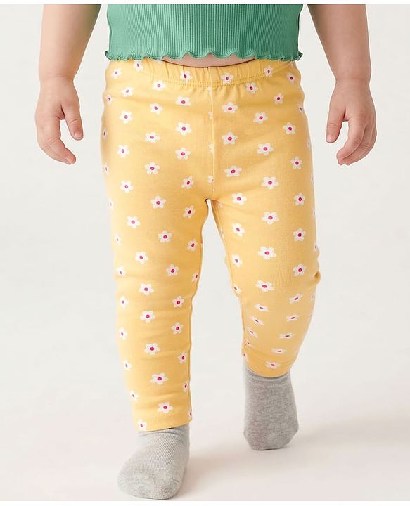 Babyhug Cotton Lycra Knit Full Length Leggings with Floral Print Pack of 3 - Light Orange Pink & Navy Blue