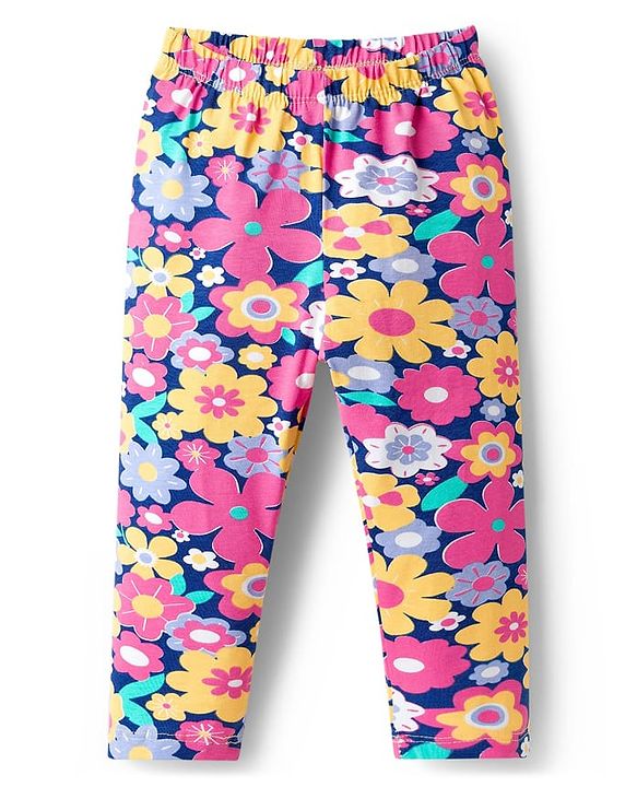 Babyhug Cotton Lycra Knit Full Length Leggings with Floral Print Pack of 3 - Light Orange Pink & Navy Blue
