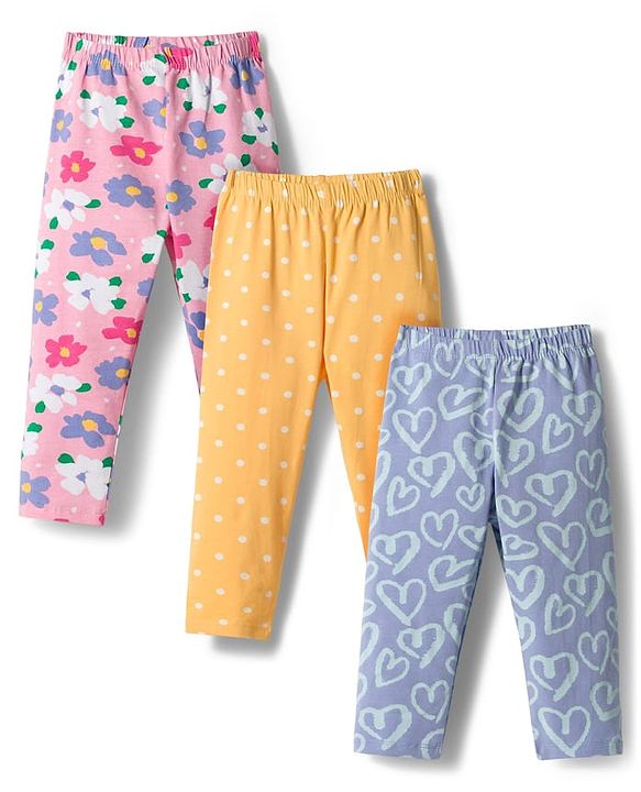 Babyhug Cotton Lycra Knit Full Length Leggings with Heart Polka Dots & Floral Print Pack of 3 - Multicolor
